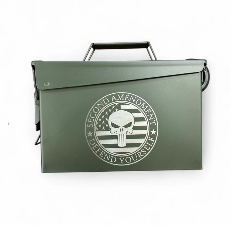 Custom laser-engraved ammo can — Second Amendment Defend Yourself design, engraved in house at Firearms Express NJ