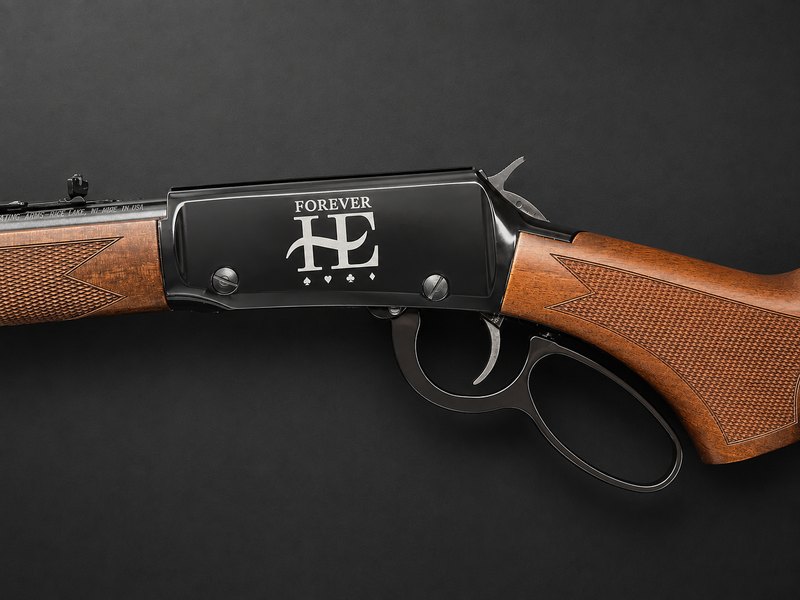 Henry lever-action rifle receiver with Forever HE monogram and card-suit custom engraving — Sussex NJ